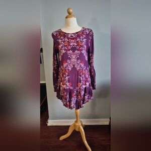 Free People Purple Floral Backless Mini Dress with Red & Cream Accents